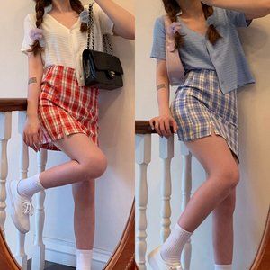 Gingham Plaid Mini Skirts with Slit On Side